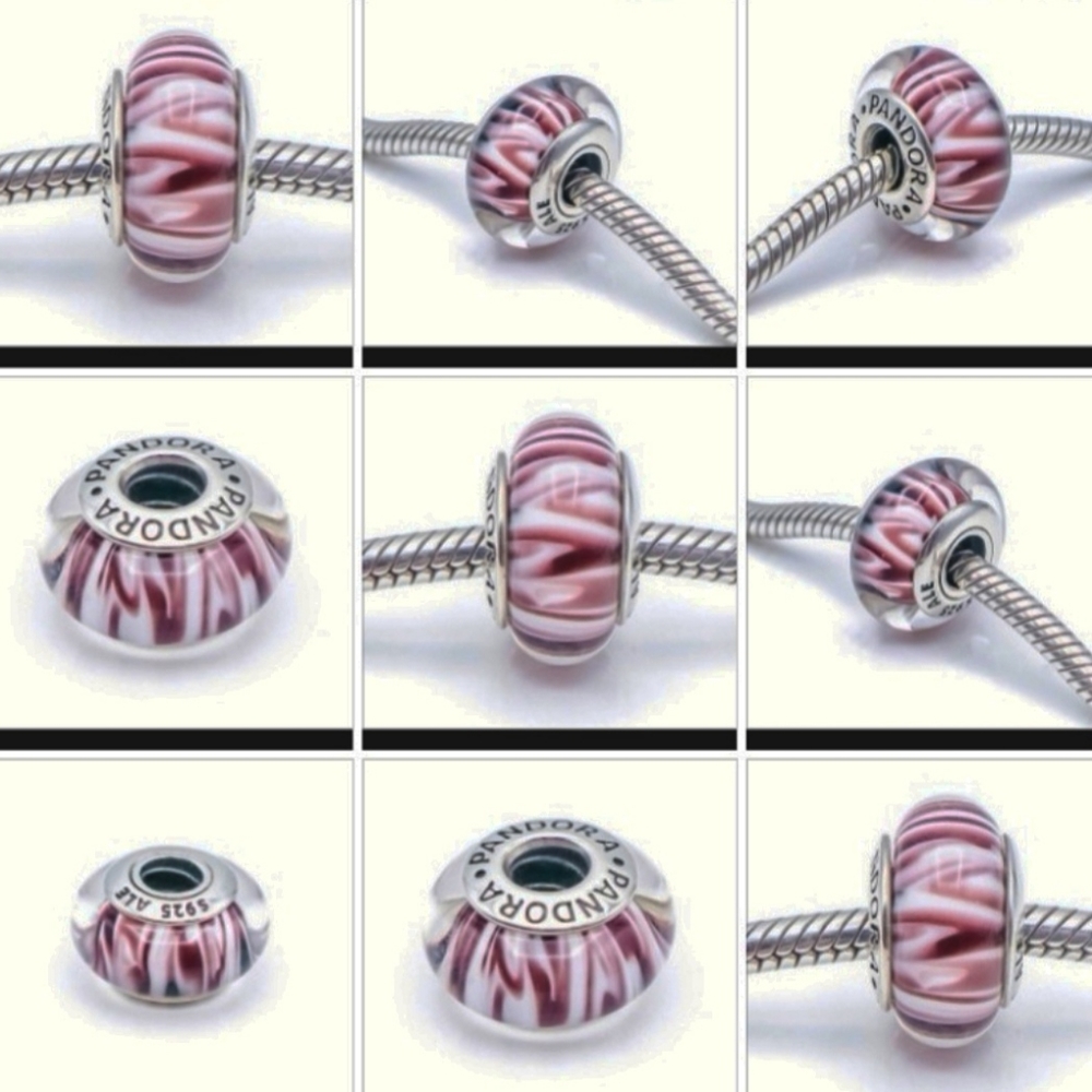 PAIR of authentic Pandora charm muranos " Zebra purple and white " RETIRED